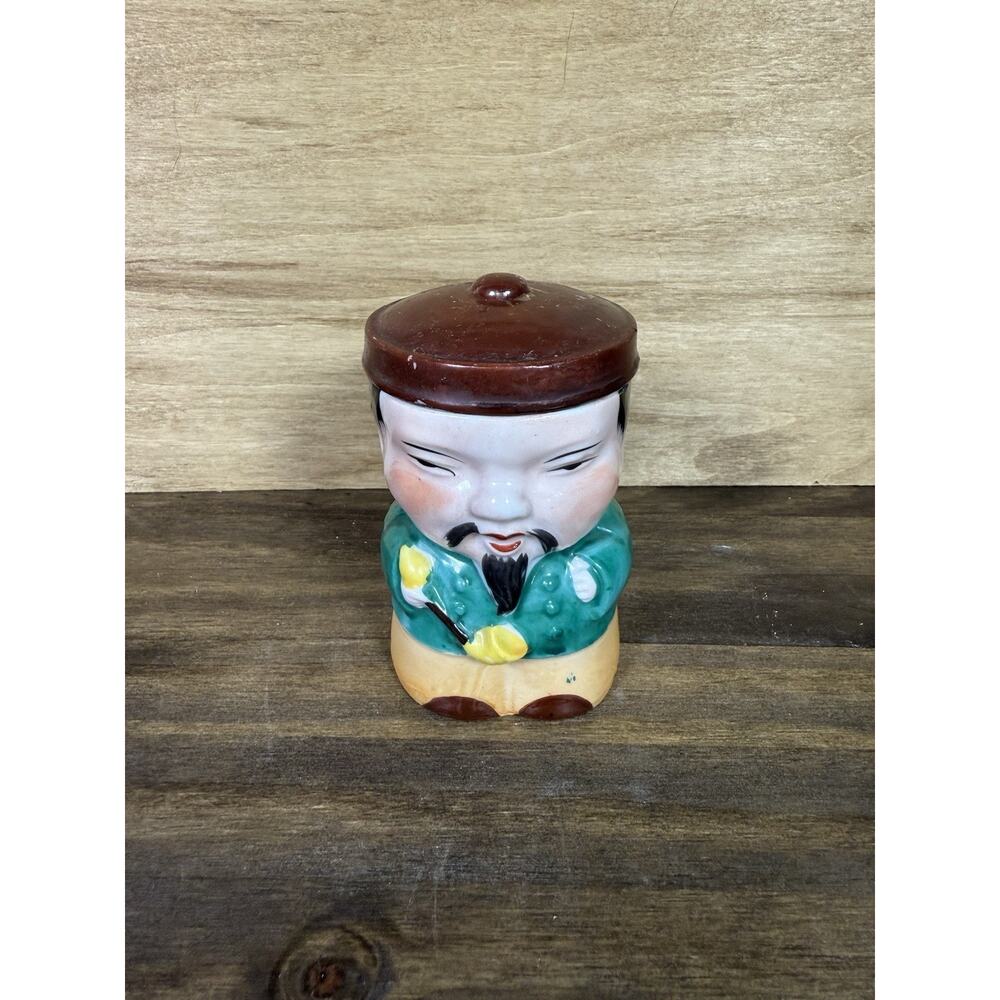 Occupied Japan Figural Man Jar w/ Lid 4” Vintage Ceramic Trinket Container‎